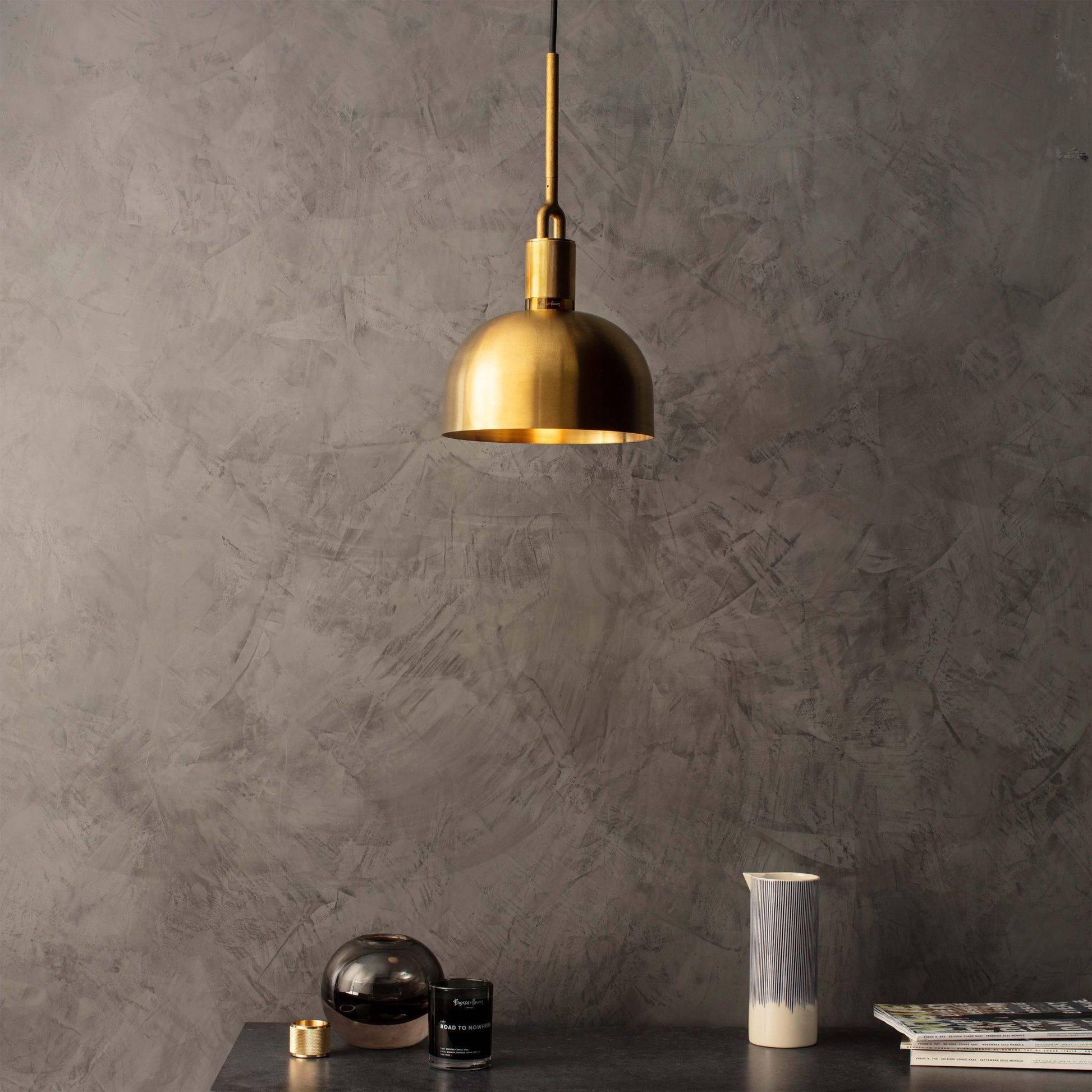 Forked Pendant Light / Shade / Medium brass, front view in setting.