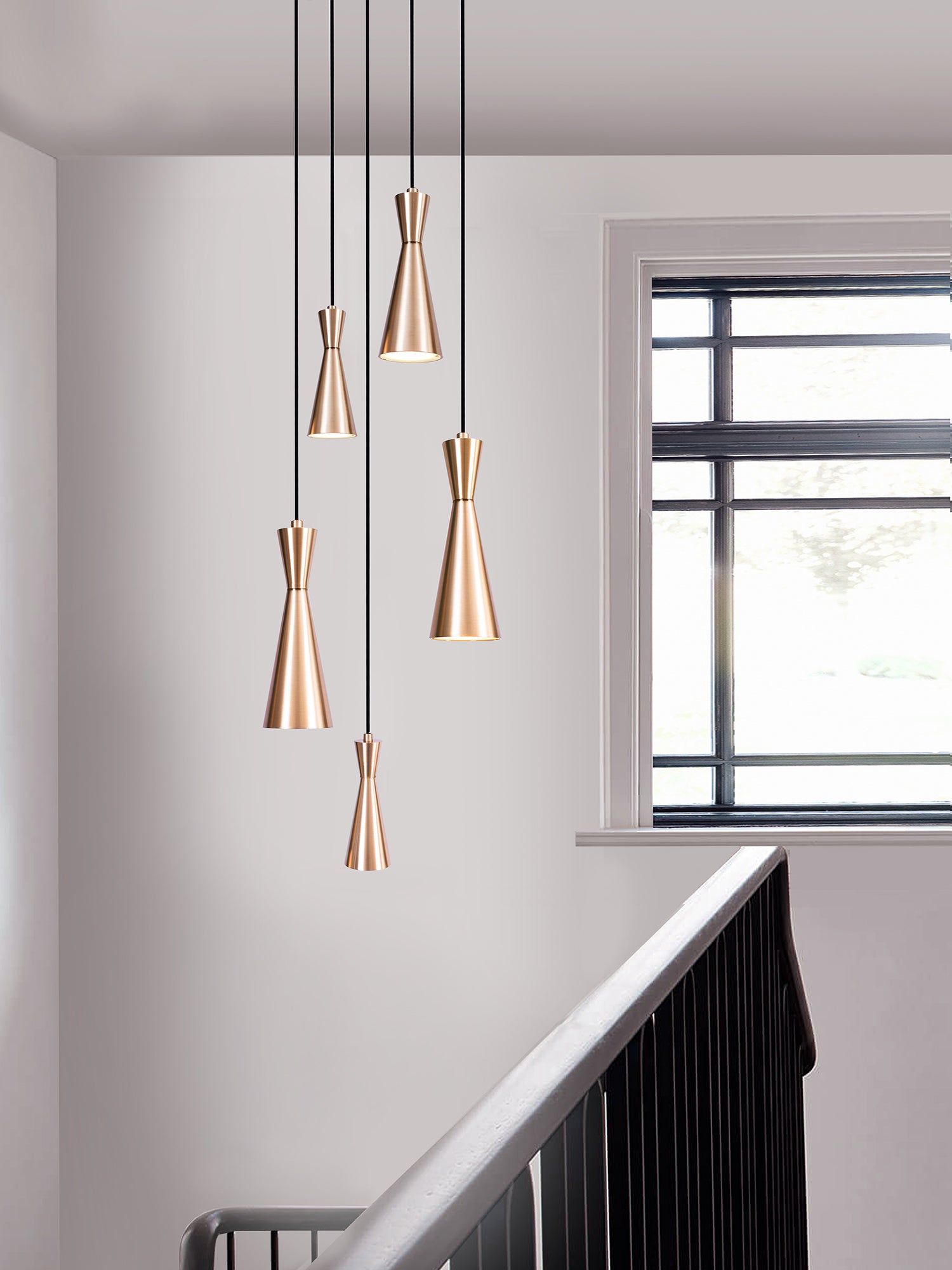 Cone 5 Cluster Light, hanging in stairs setting..