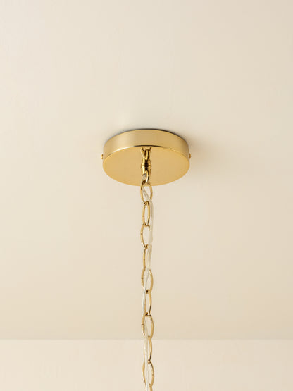 brass chained hanging Amber Glass chandelier ceiling light, base view.