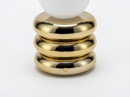 Brass Rechargeable Table Lamp, detailed close front view, showing button.