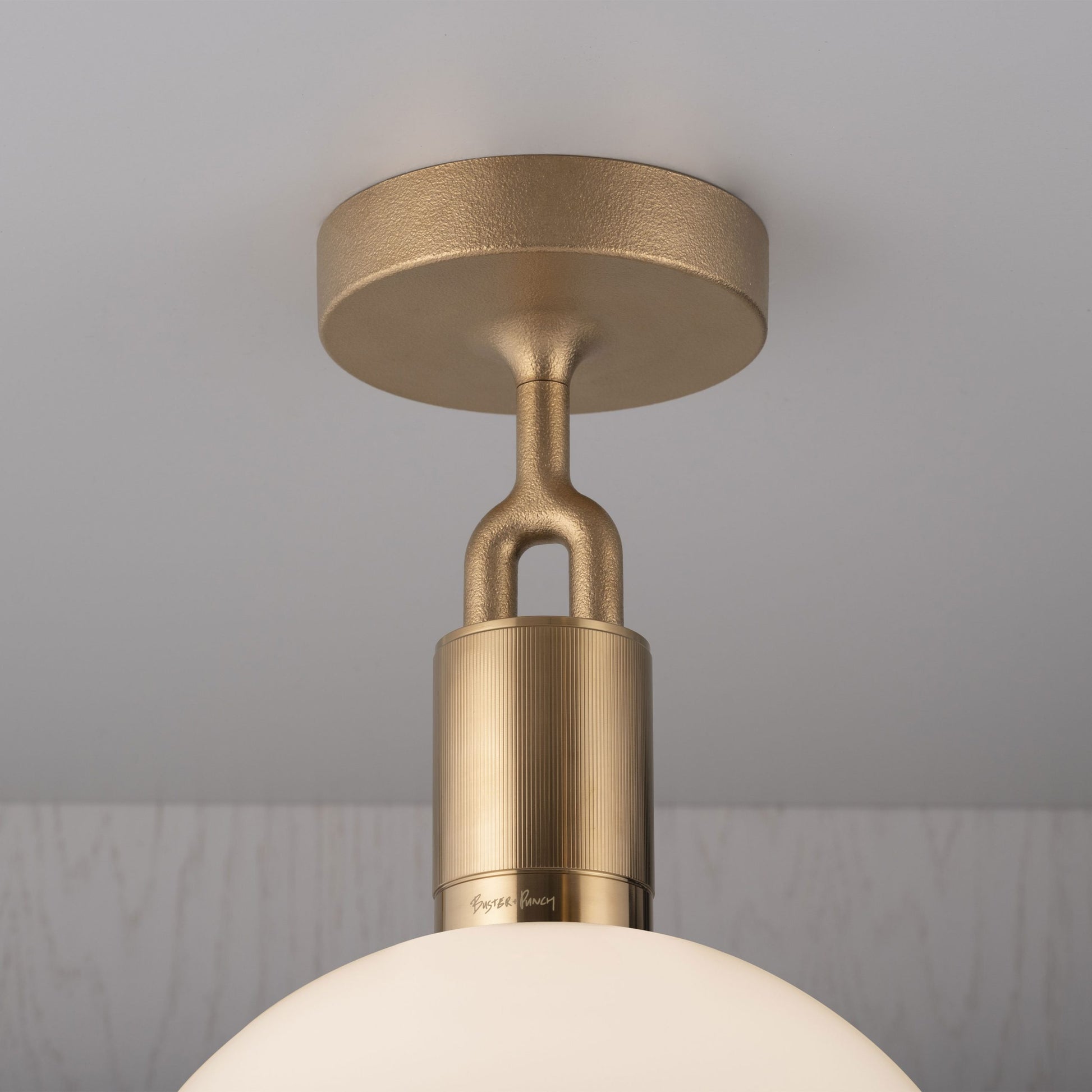 Forked Ceiling Light / Globe / Opal / Medium Brass, detailed close up of fork and fitting.