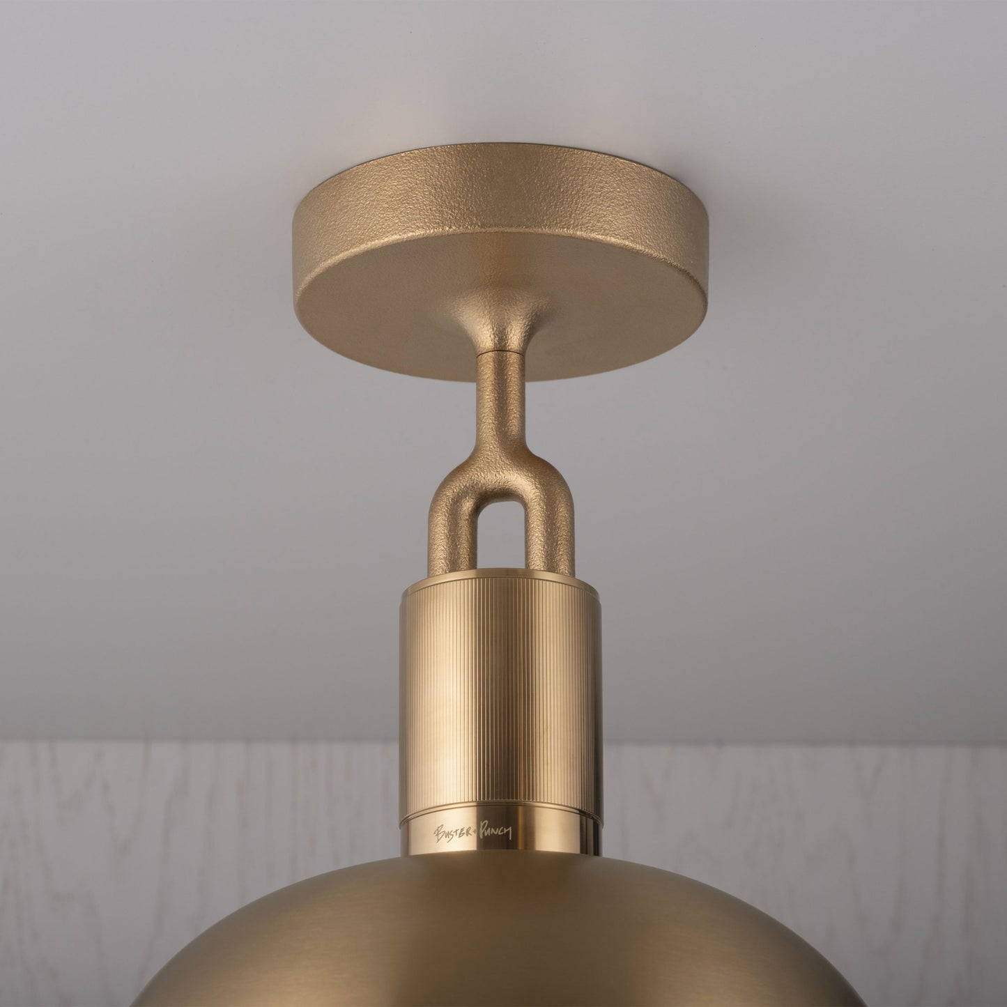 Forked Ceiling Light / Shade / Globe / Opal / Large Brass, detailed close up view of fork and fitting.