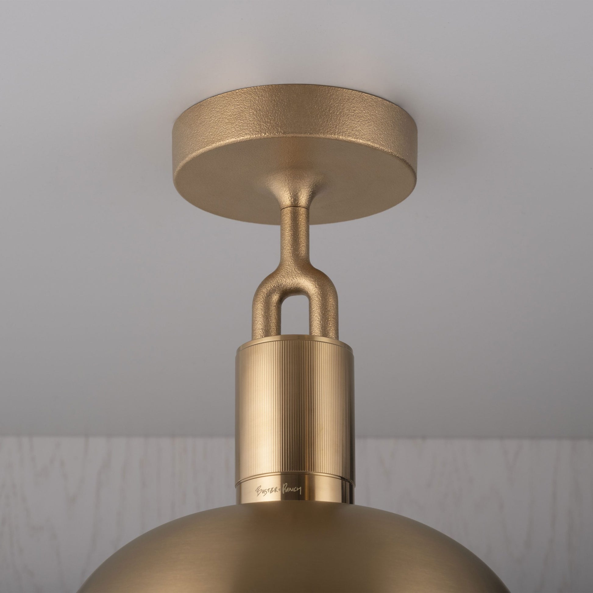 Forked Ceiling Light / Shade / Globe / Opal / Large Brass, detailed close up view of fork and fitting.