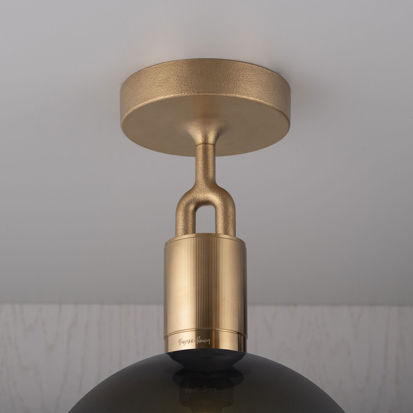 Forked Ceiling Light / Globe / Smoked / Large brass, detailed close up view of fork and fitting.