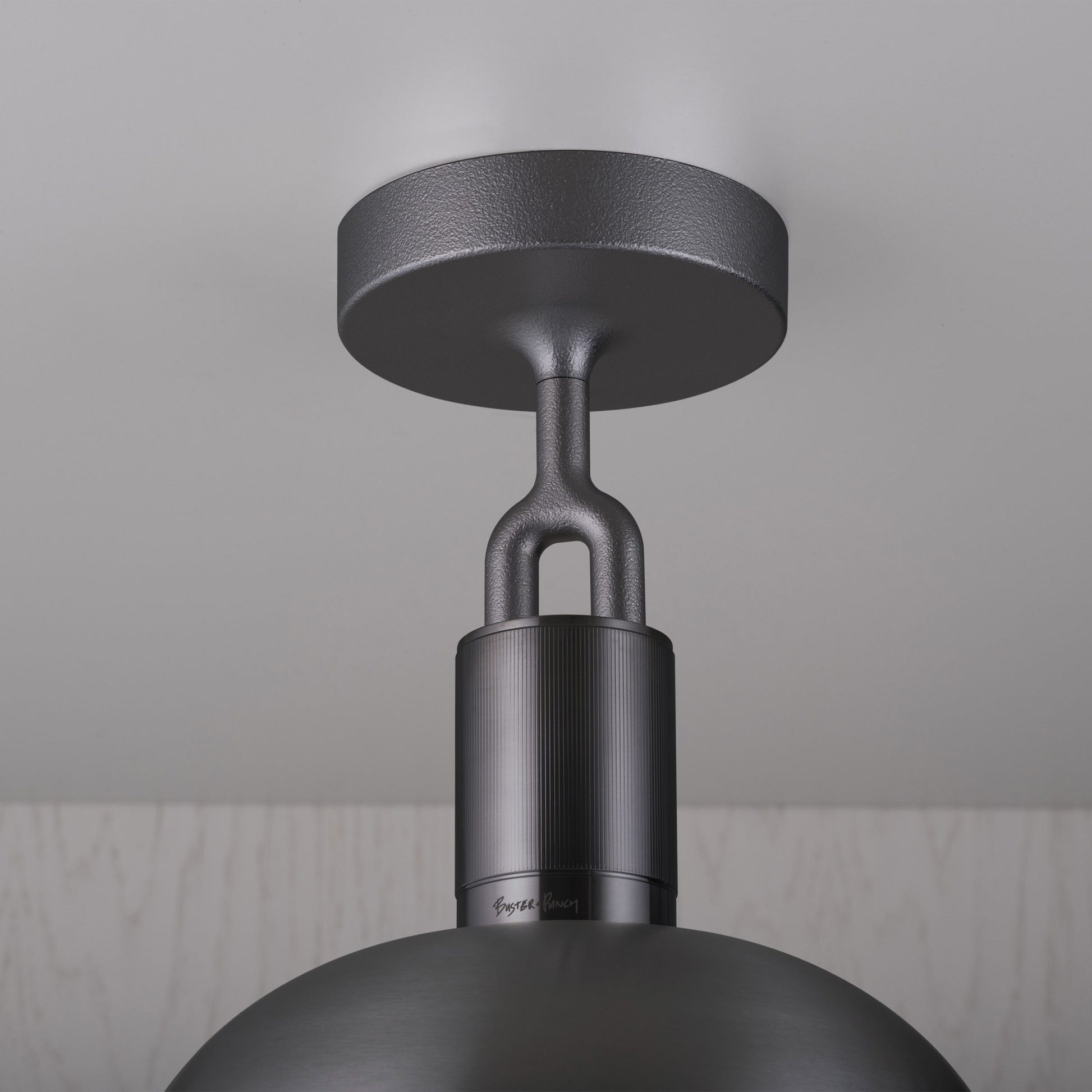 Forked Ceiling Light / Shade / Globe / Opal / Large Gun metal, detailed close up view of fork and fitting.