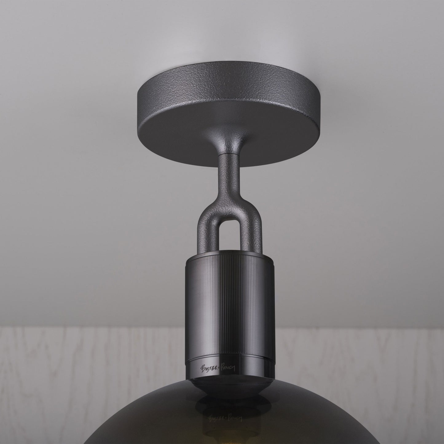 Forked Ceiling Light / Globe / Smoked / Large Gun metal, detailed close up view of fork and fitting.