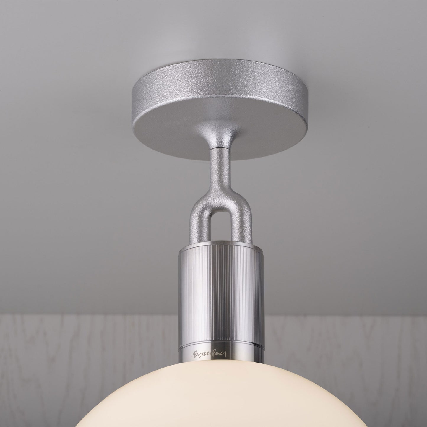 Forked Ceiling Light / Globe / Opal / Medium Steel, detailed close up of fork and fitting.