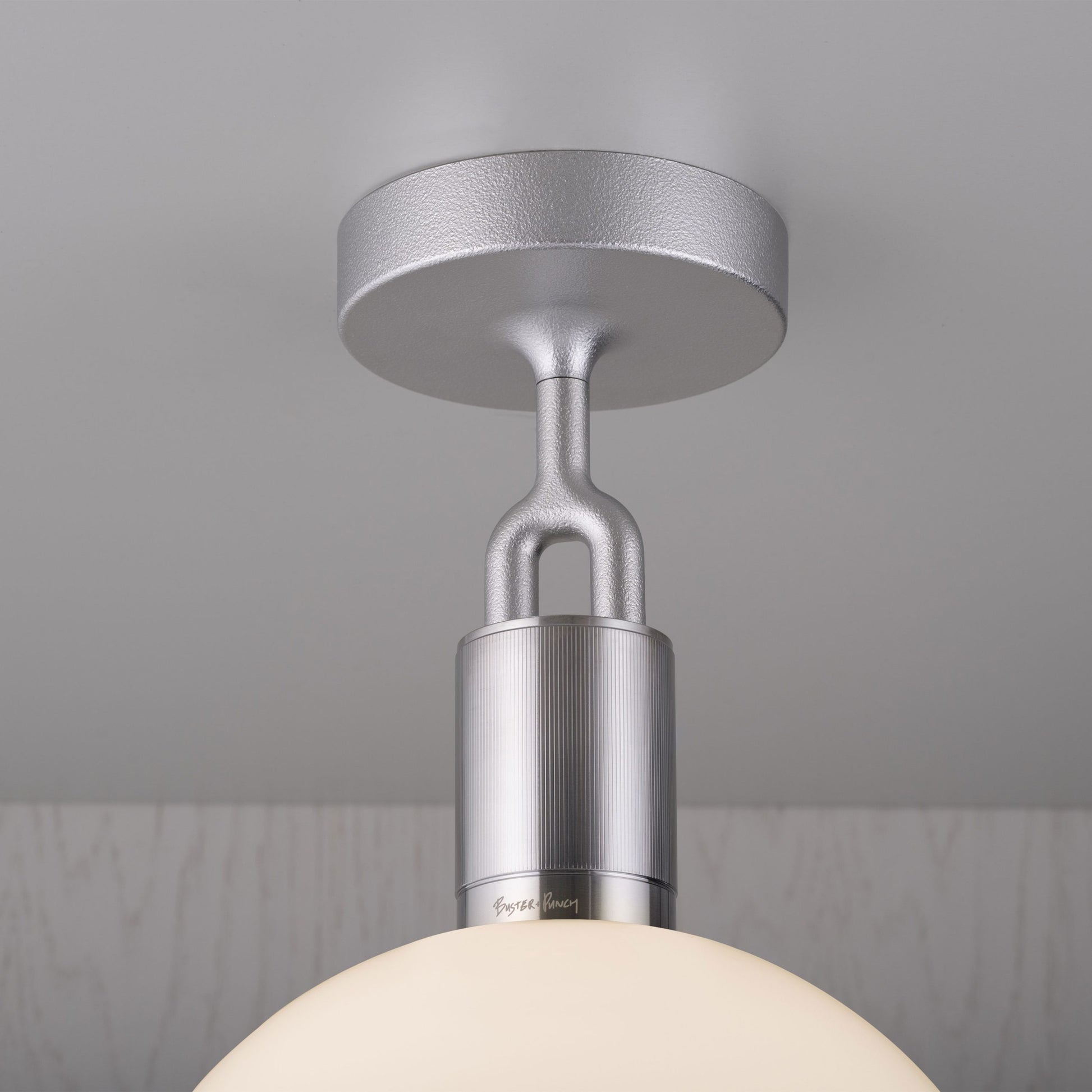 Forked Ceiling Light / Globe / Opal / Medium Steel, detailed close up of fork and fitting.