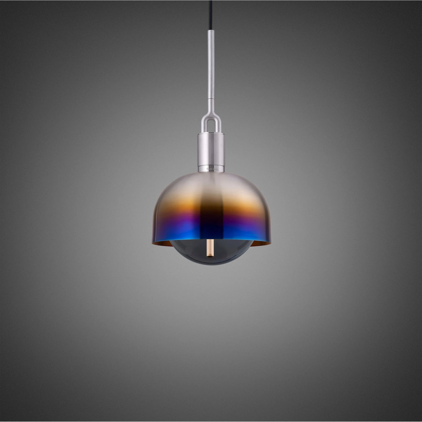 Forked Pendant Light / Shade / Globe / Smoked / Medium Burnt Steel, front view.