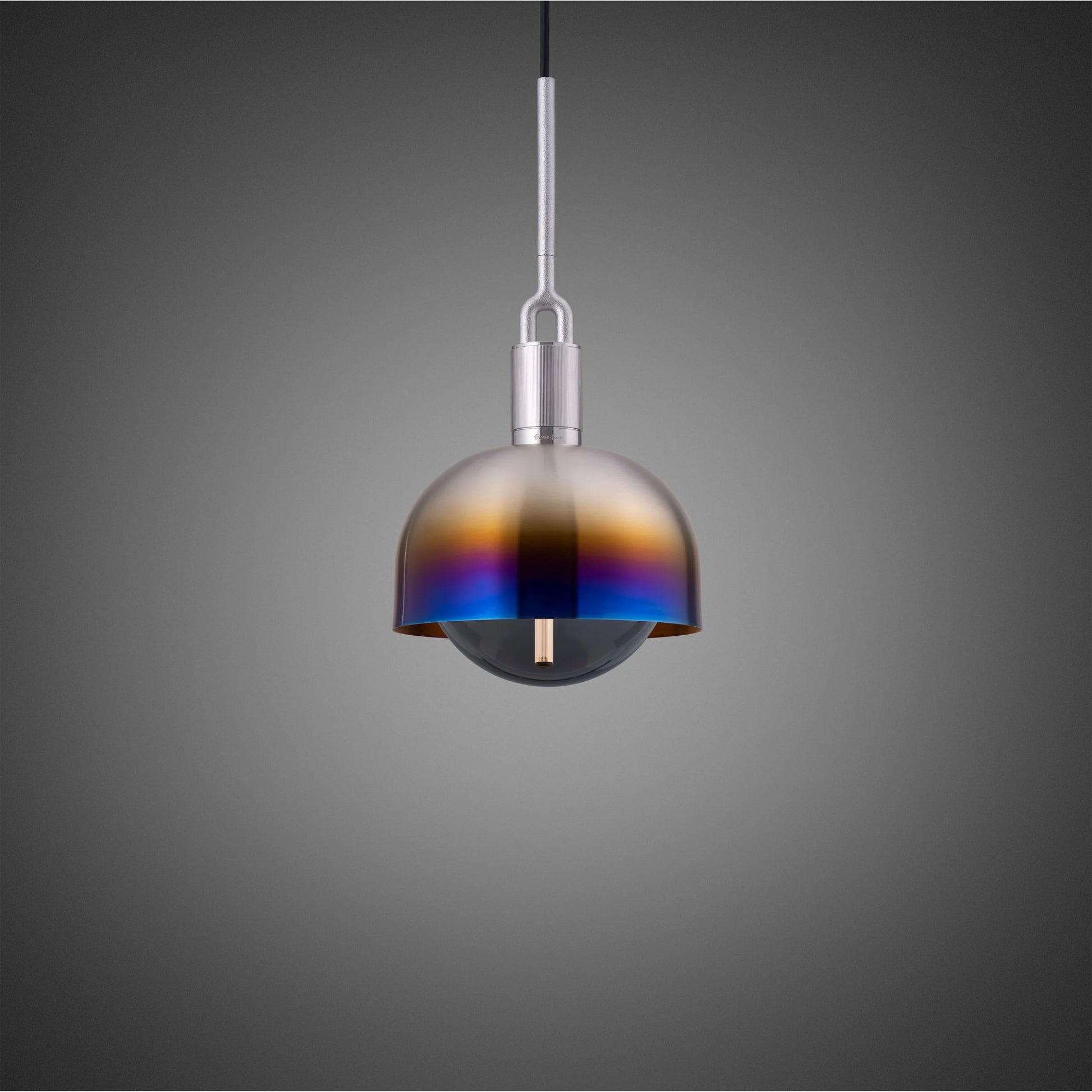 Forked Pendant Light / Shade / Globe / Smoked / Medium Burnt Steel, front view.