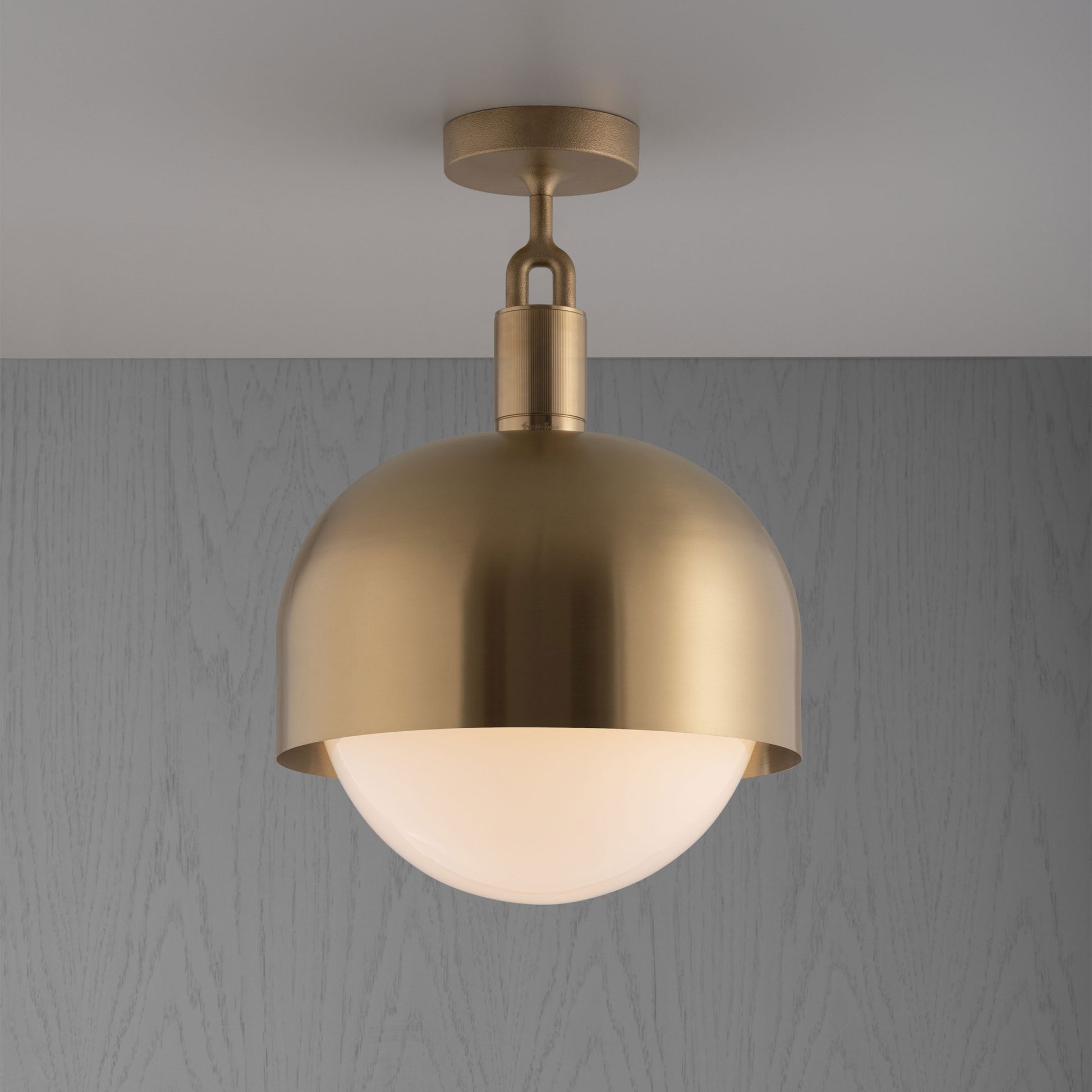 Forked Ceiling Light / Shade / Globe / Opal / Large Brass, front view.