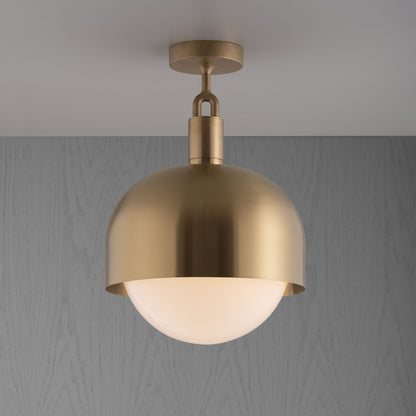 Forked Ceiling Light / Shade / Globe / Opal / Large Brass, front view.