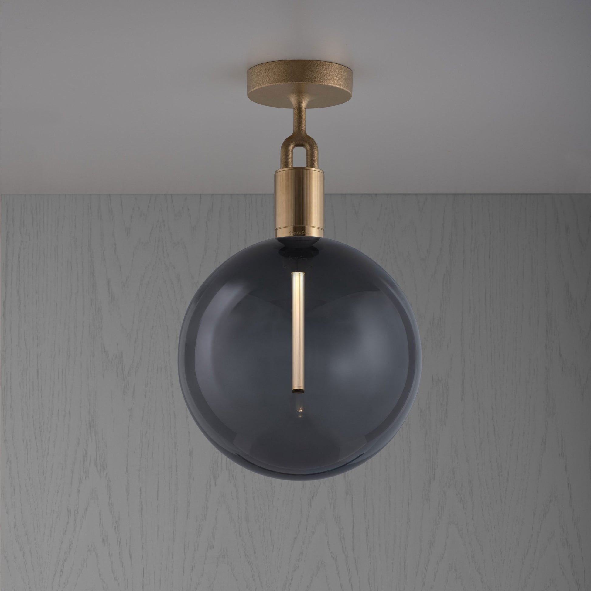 Forked Ceiling Light / Globe / Smoked / Large Brass, front view.