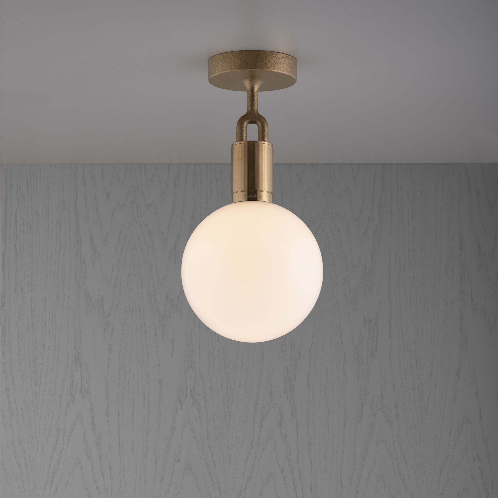 Forked Ceiling Light / Globe / Opal / Medium Brass, front view.