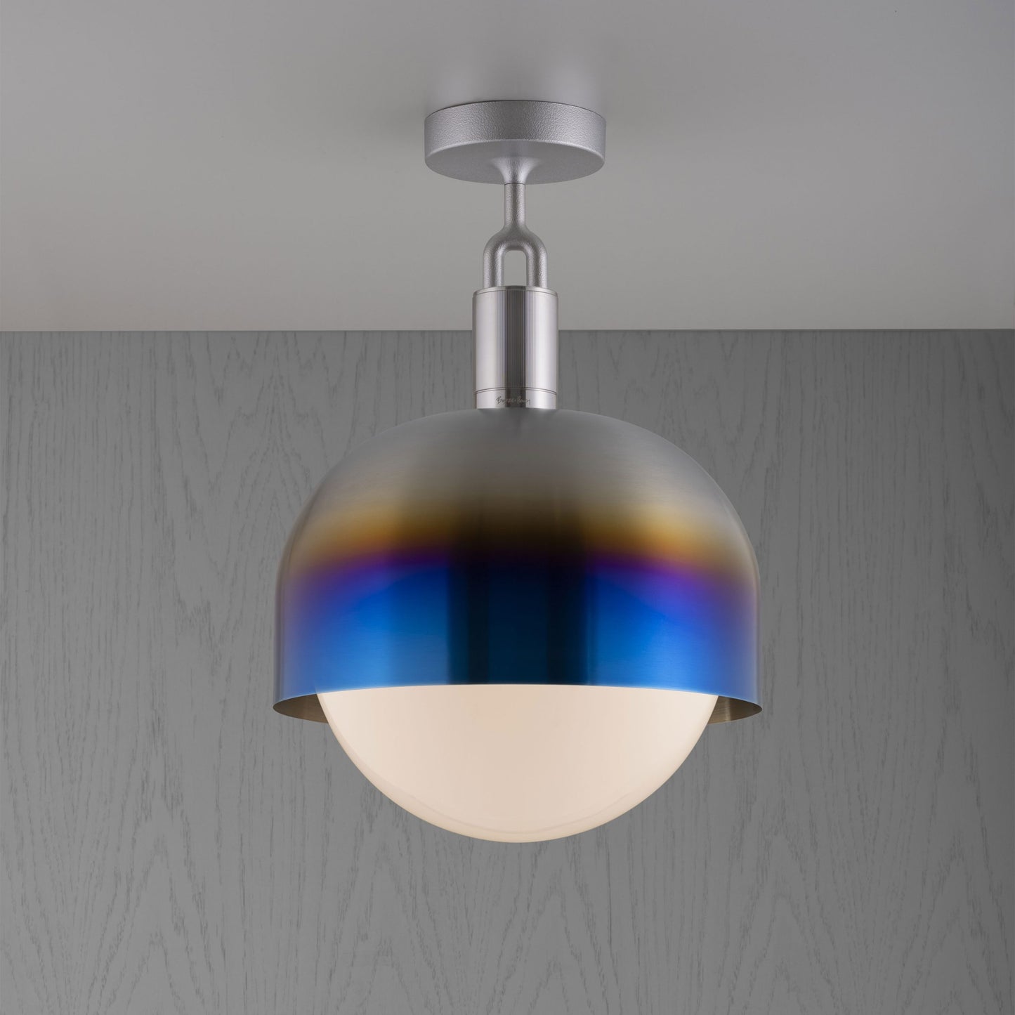 Forked Ceiling Light / Shade / Globe / Opal / Large Burnt Steel, front view.