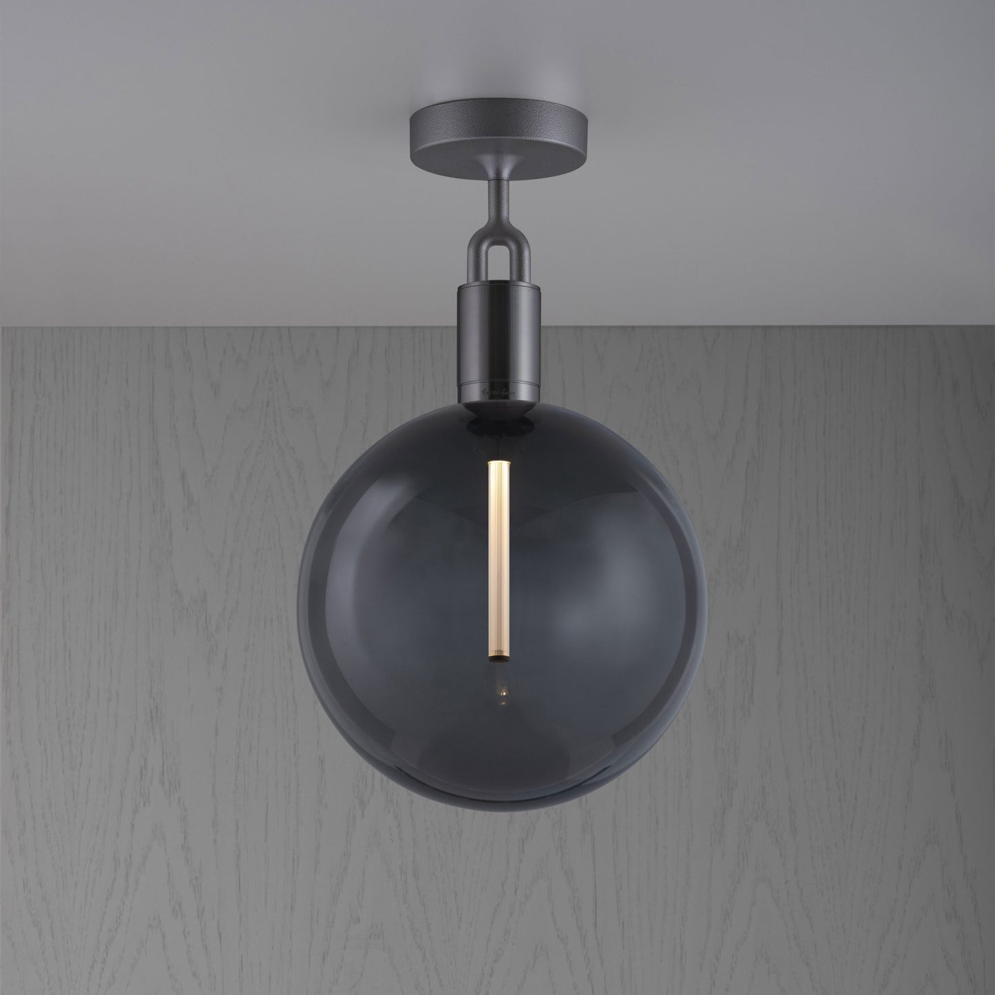 Forked Ceiling Light / Globe / Smoked / Large Gun metal, front view.