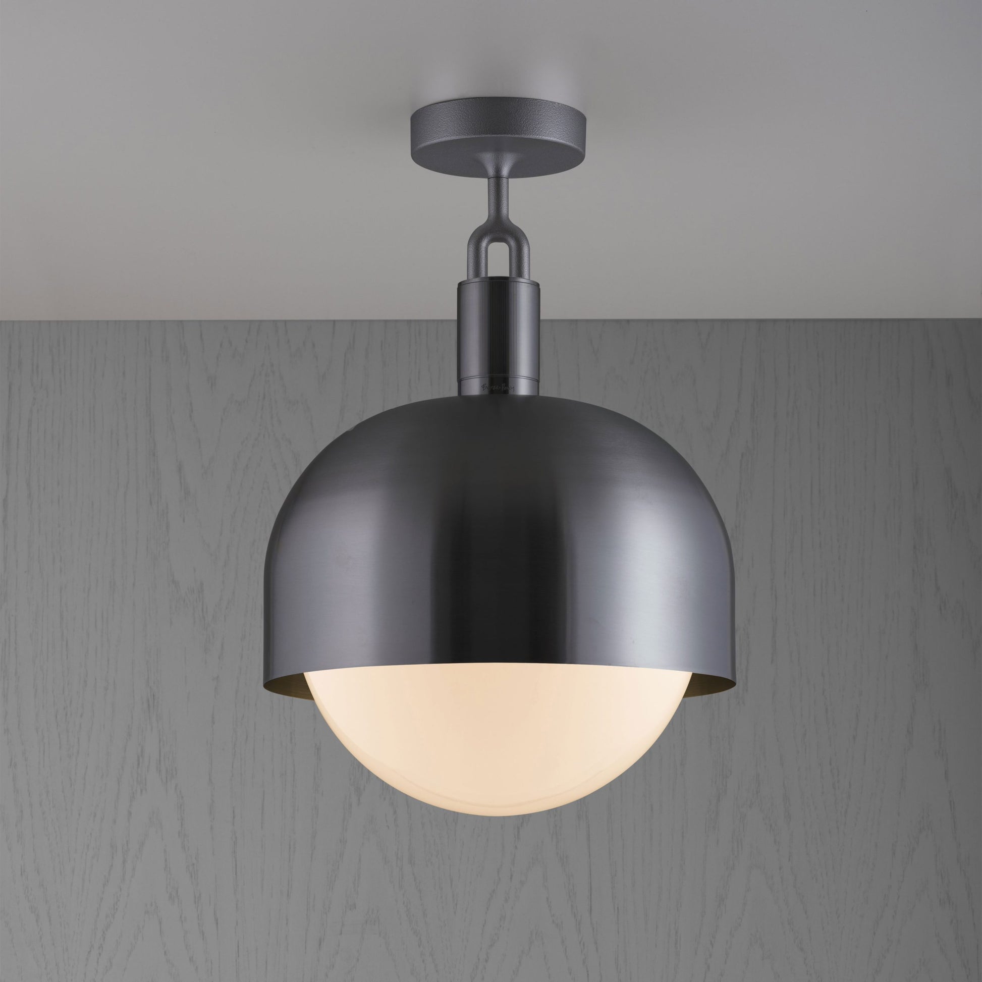 Forked Ceiling Light / Shade / Globe / Opal / Large Gun metal, front view.