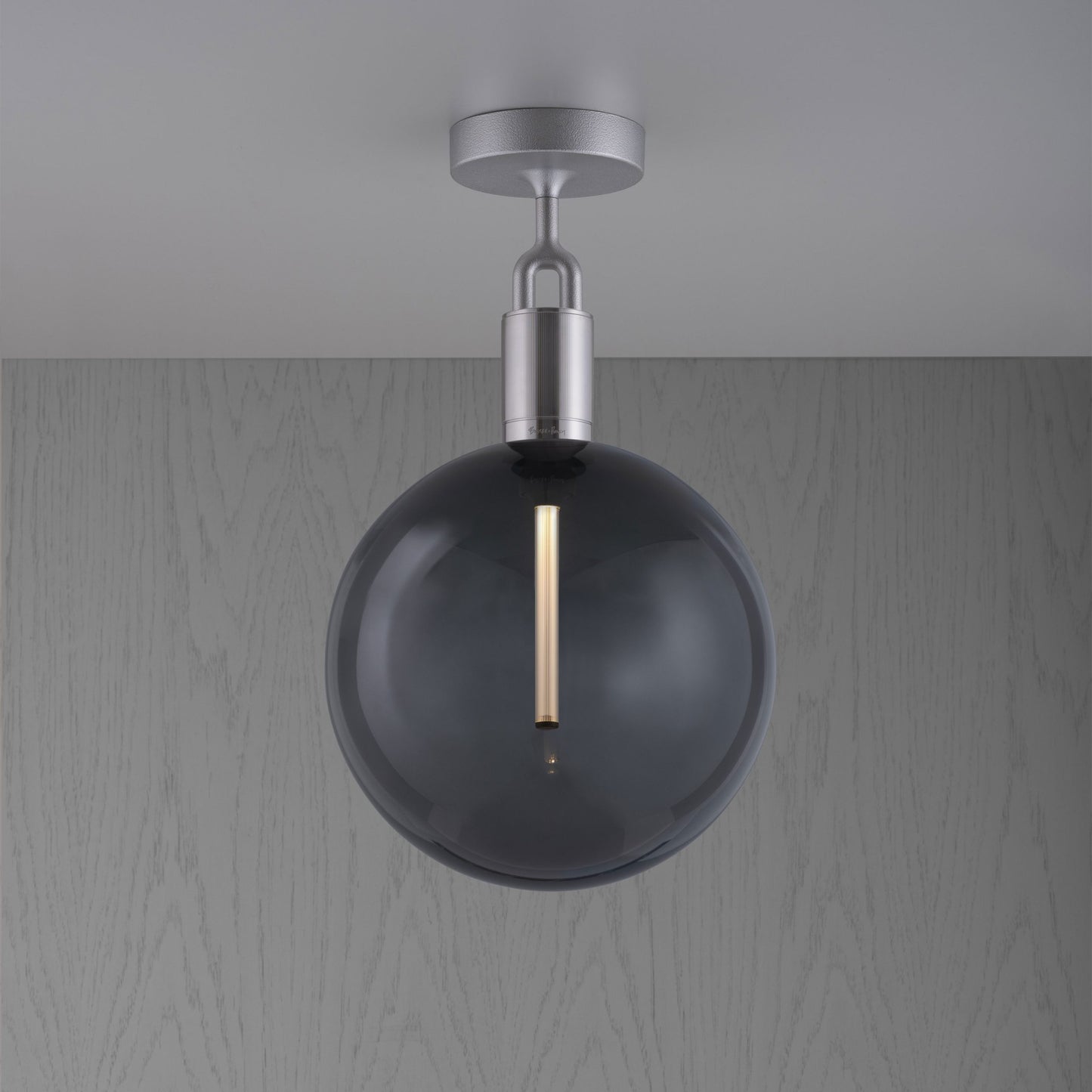 Forked Ceiling Light / Globe / Smoked / Large Steel, front view.