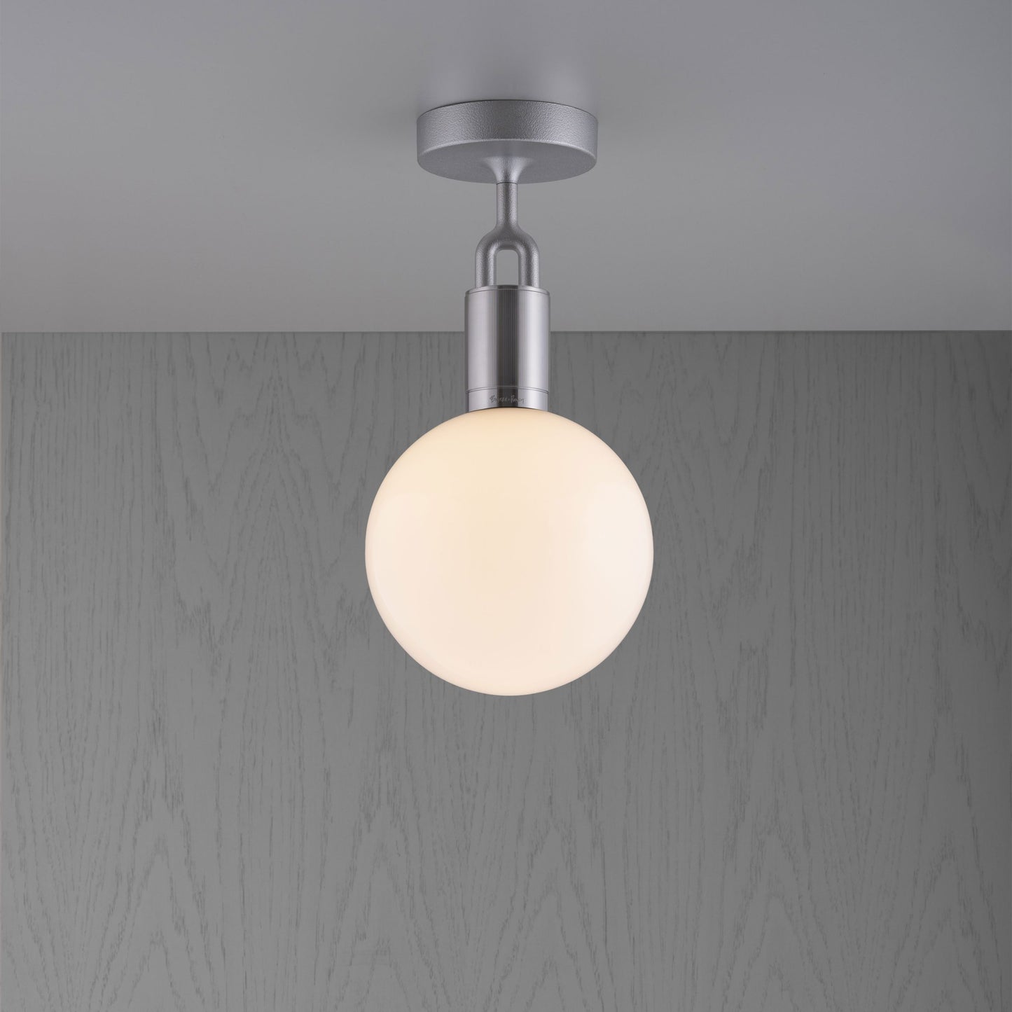 Forked Ceiling Light / Globe / Opal / Medium Steel, front view.