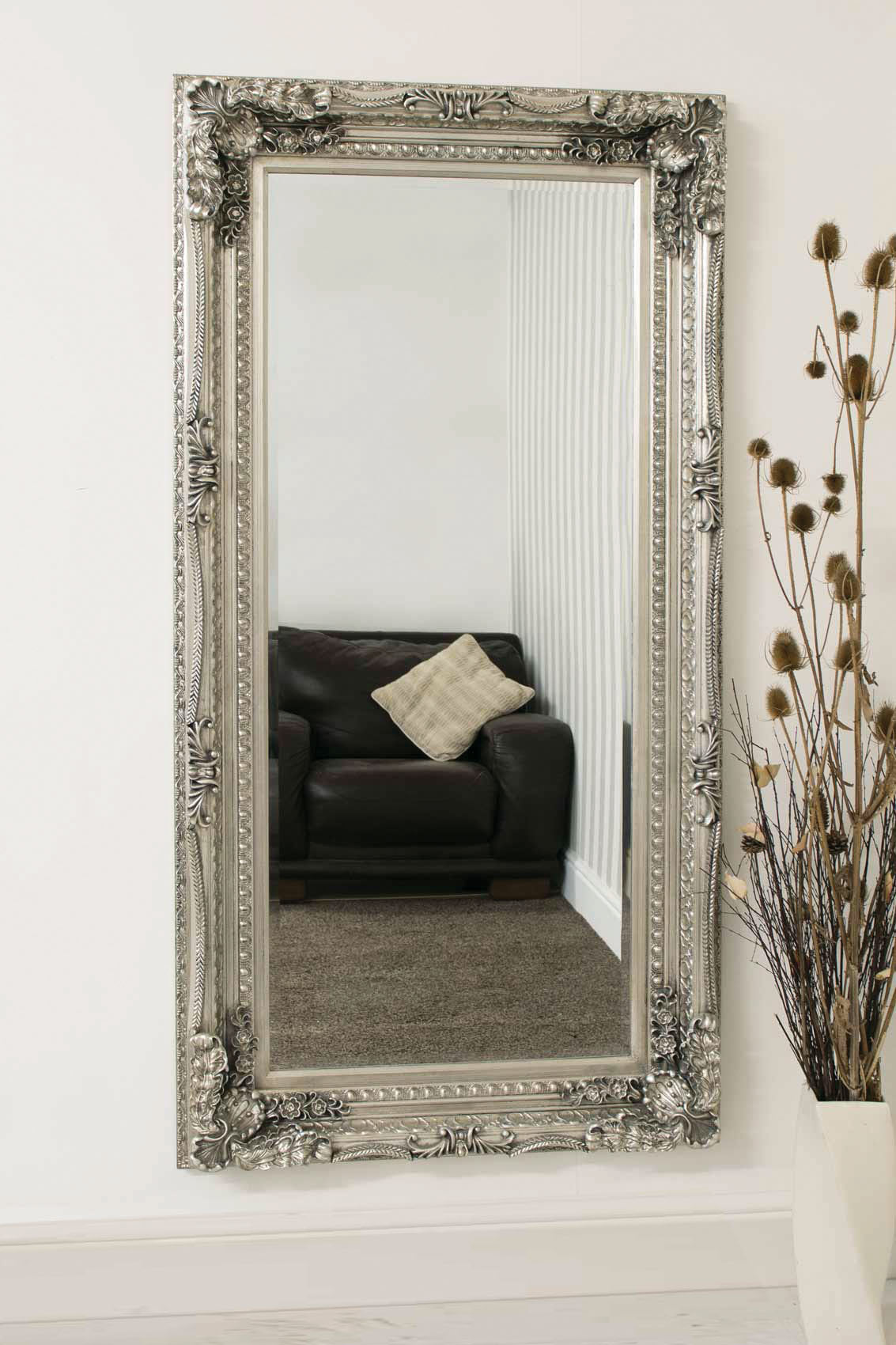 Ornate Silver Framed Large Wall Mirror 175 x 89 CM-1