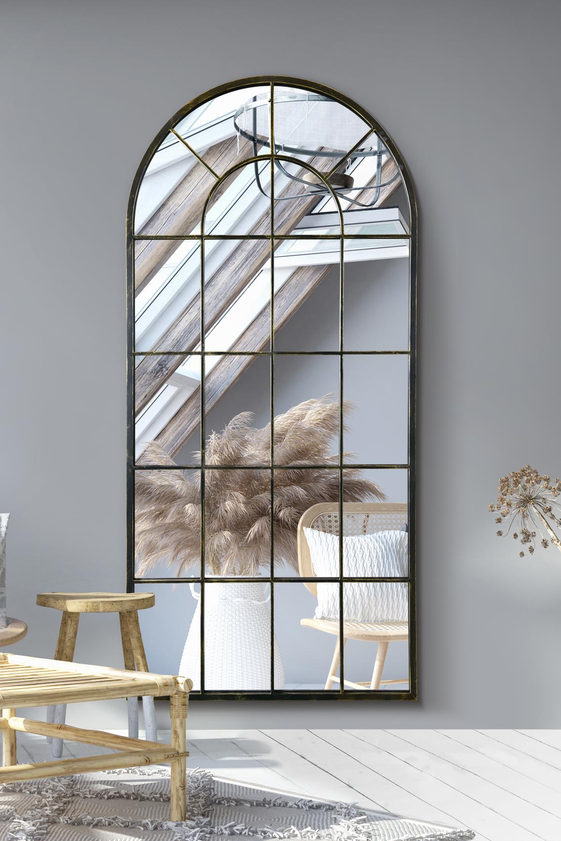 The Vintage Elegance - Arched Antique Black Leaning/Walled Mirror 71" X 33.5" (180x85CM)-1