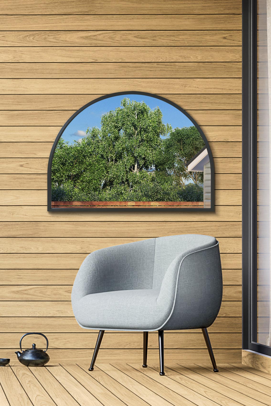 The Arcus - 49" X 35" (125CM X 90CM) Black Metal Arched Garden Wall Mirror-1