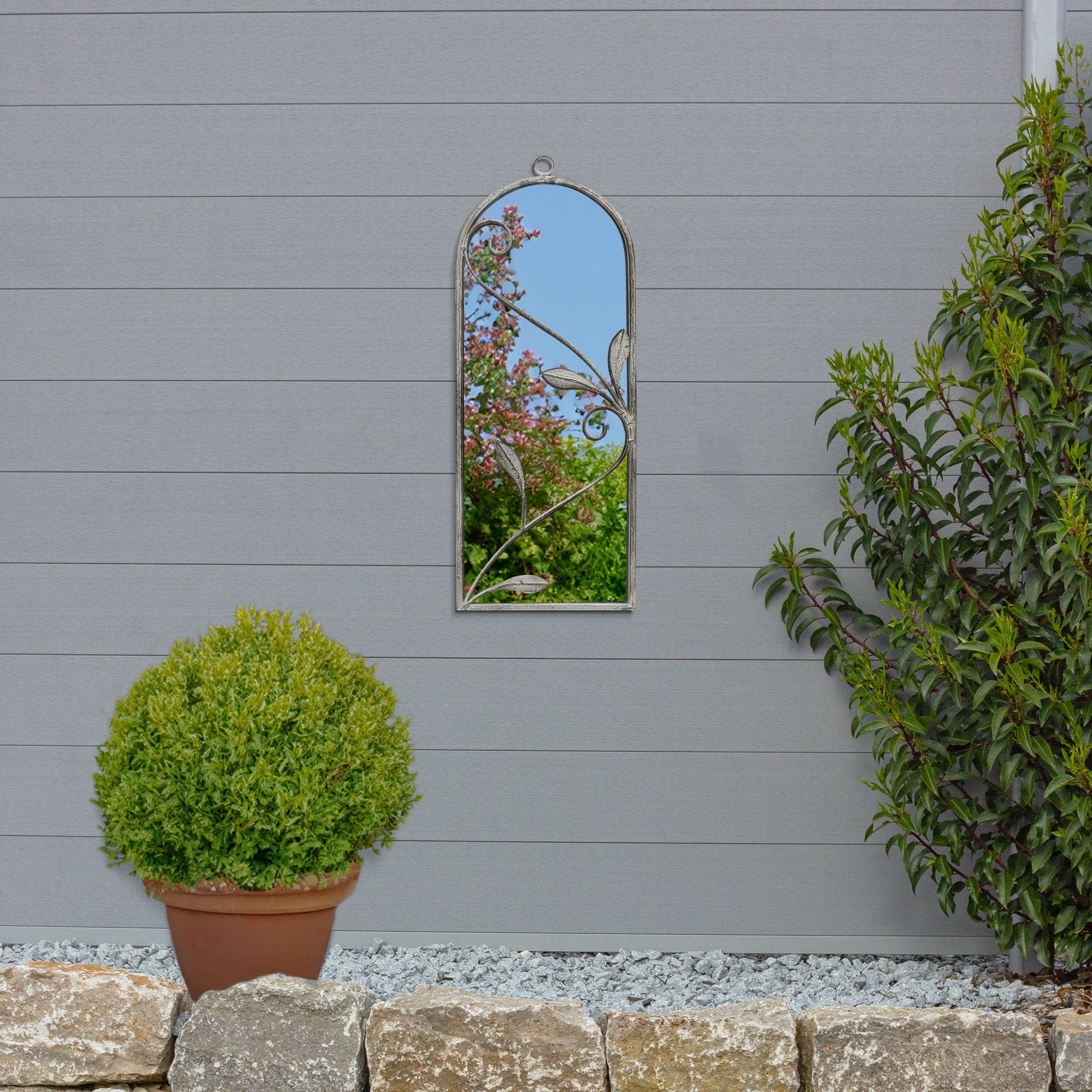 The Arcus - Arched Garden Mirror with Concrete Color Metal Frame, 25" x 9" (64 x 24CM)-5