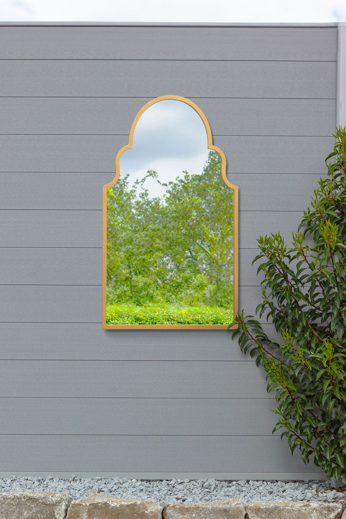 The Aurelia - Elegant Gold Metal Arched Garden Wall Mirror 41"x 24" (104CM X 61CM)-1