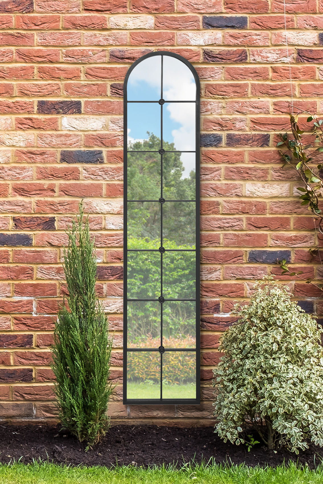 The Arcus - 75" X 16" (190CM X 40CM) Black Framed Arched Garden Leaner Mirror-1