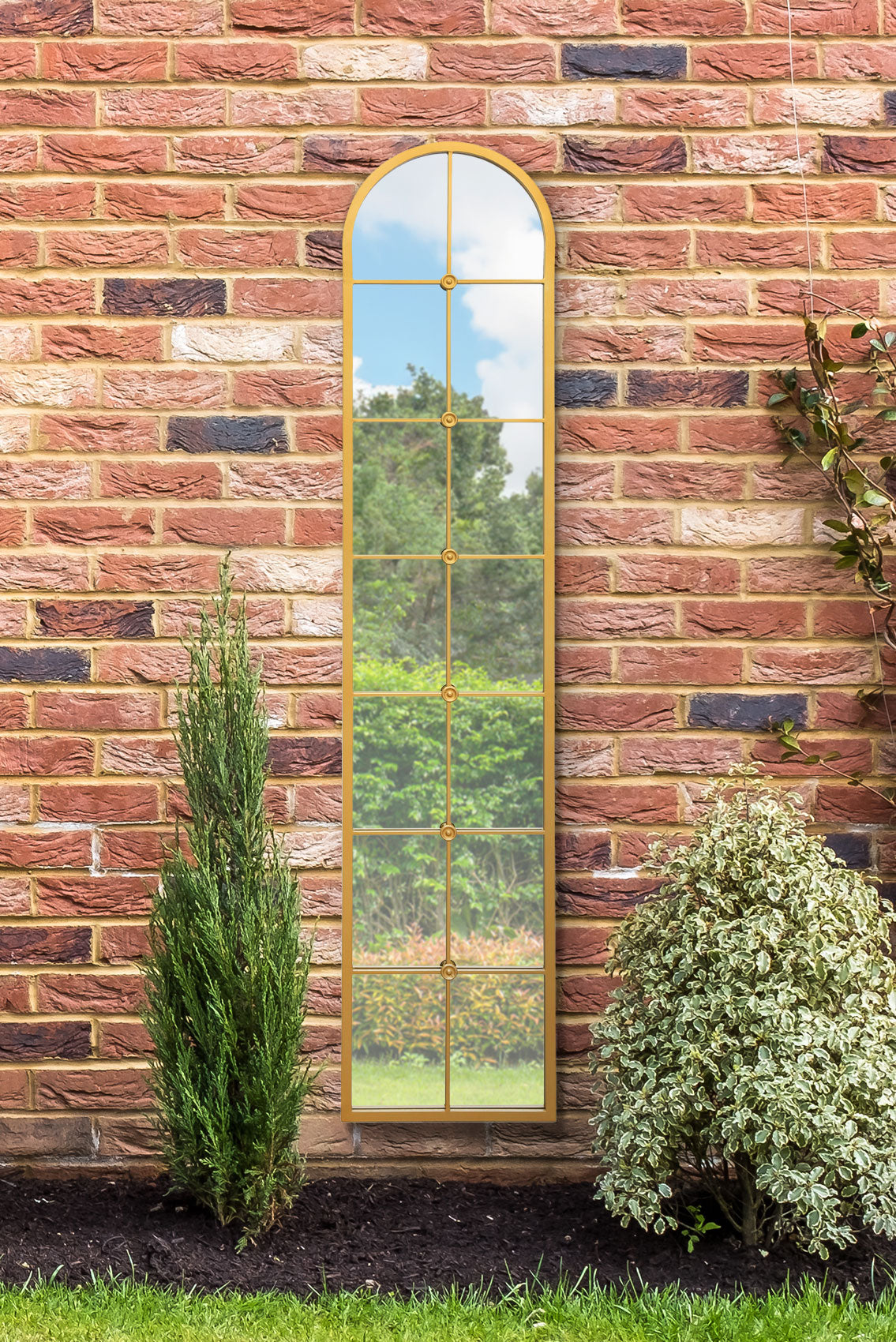 The Arcus - 75" X 16" Gold Framed Arched Outdoor Leaner Mirror (190CM X 40CM)-1