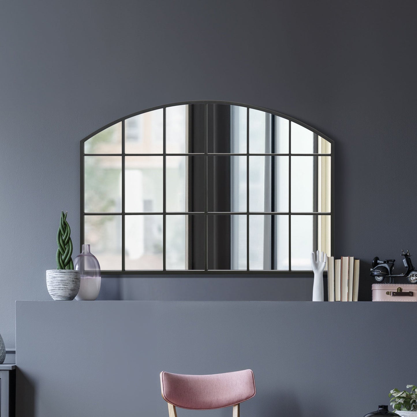 The Arcus - Black Framed Arched Over-Mantle Mirror 43" x 29" (110CM x 75CM)-2