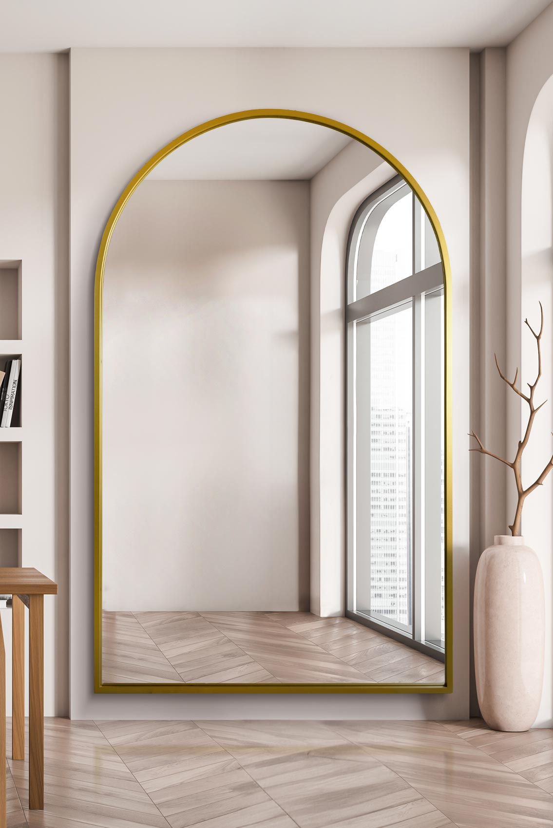 The Elegance - Gold Framed Arched Leaner/Wall Mirror 75" X 47" (190CM X 120CM)-1