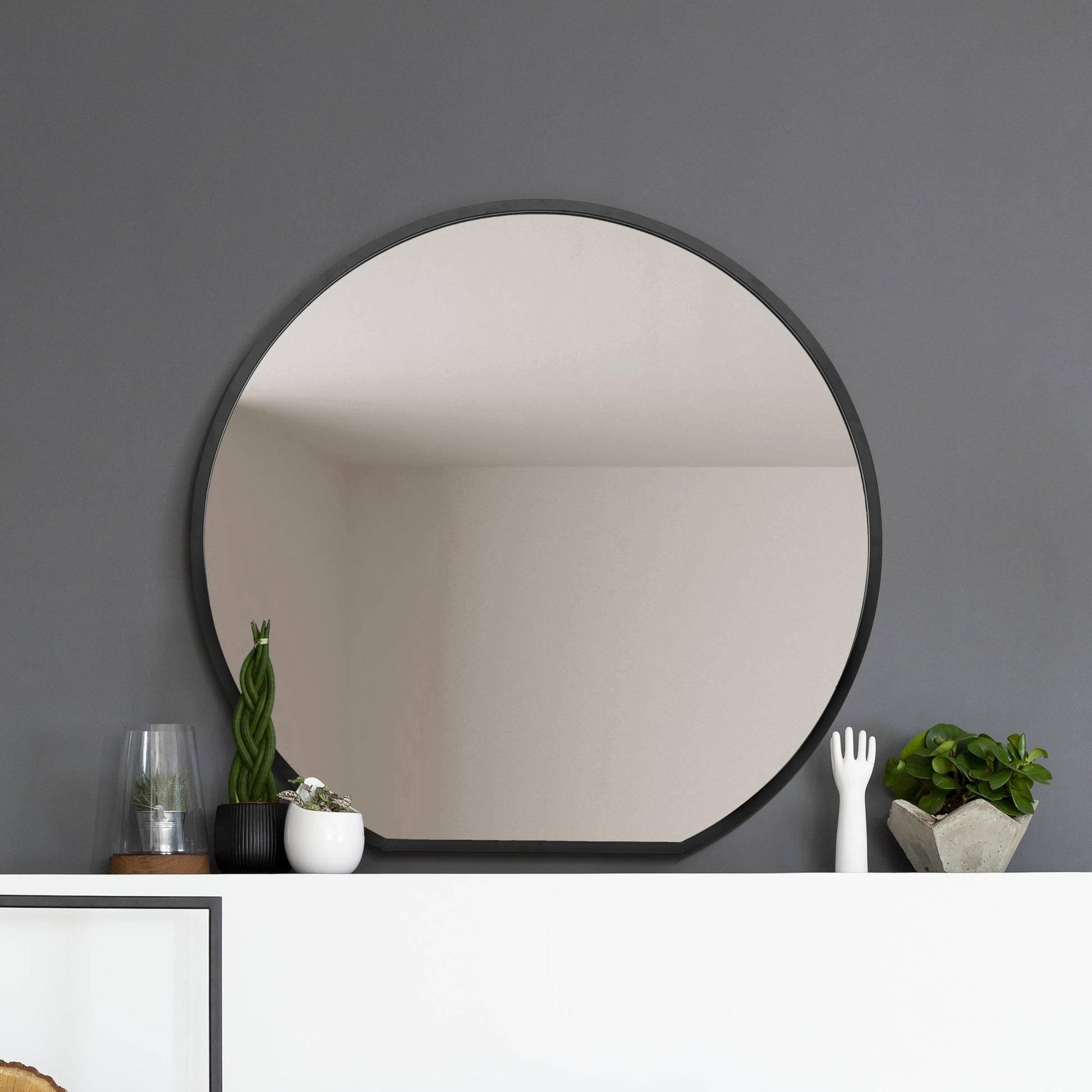 The Round Reflection - Sleek Black Framed Flat Bottom Mirror for Mantle Display - 41" X 39" (105CM X 100CM)-2