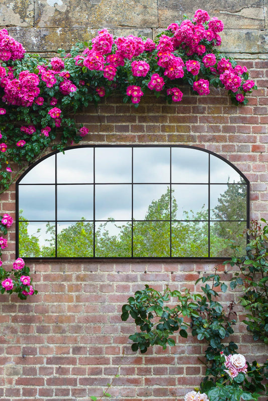 The Arched Elegance - 69" X 33" (174CM X 85CM) Black Metal Framed Garden Mirror for Walls or Fences-6