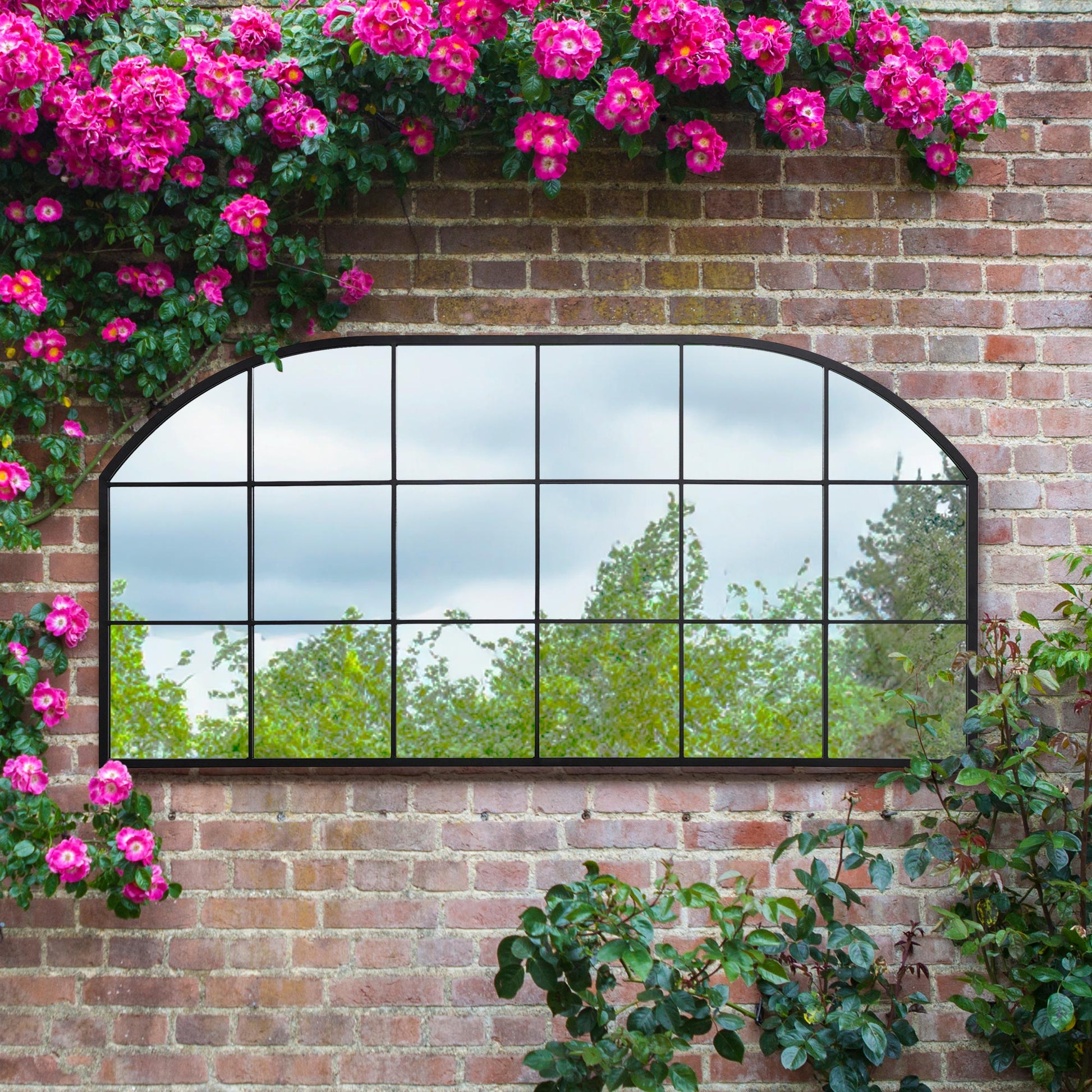 The Arched Elegance - 69" X 33" (174CM X 85CM) Black Metal Framed Garden Mirror for Walls or Fences-11