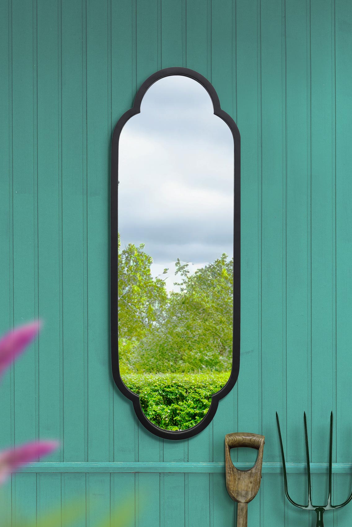 The Duplici - Sleek Black Metal Double Arched Oval Garden Wall Mirror 40" X 14" (102CM X 35.5CM)-1