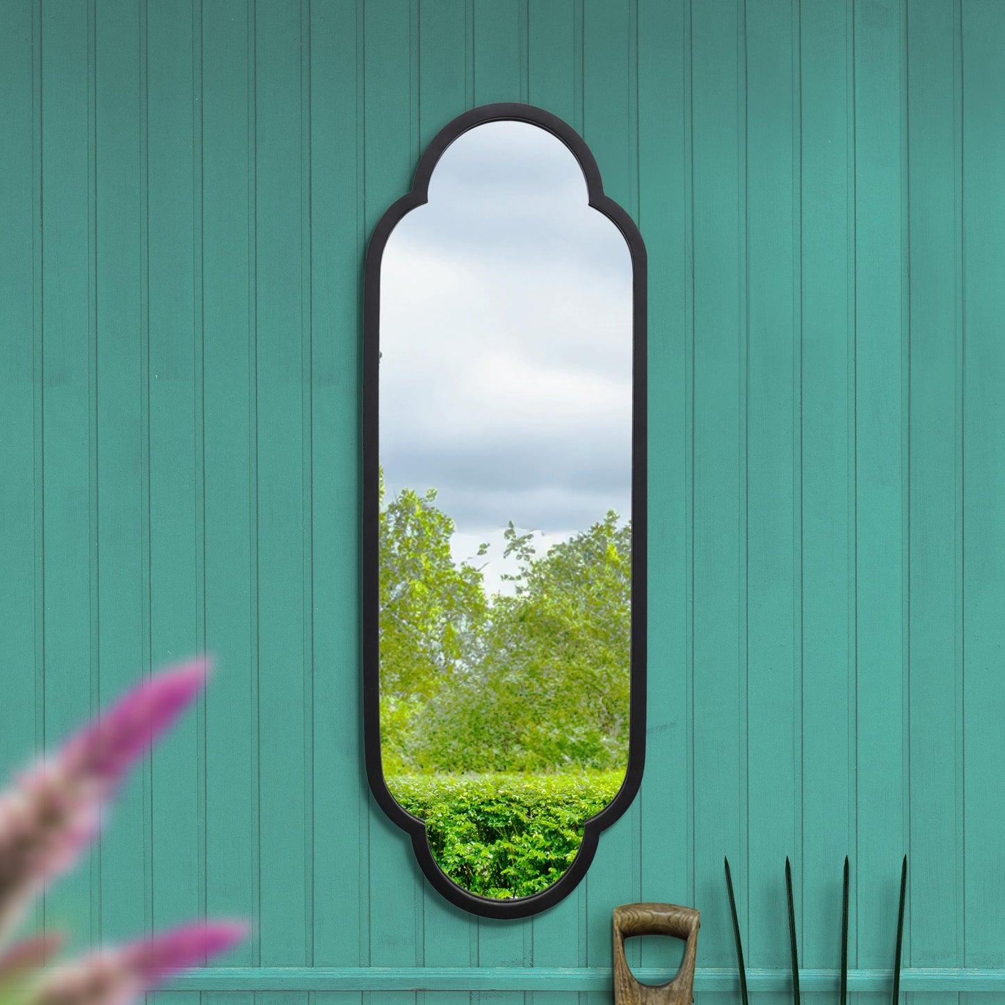 The Duplici - Sleek Black Metal Double Arched Oval Garden Wall Mirror 40" X 14" (102CM X 35.5CM)-11