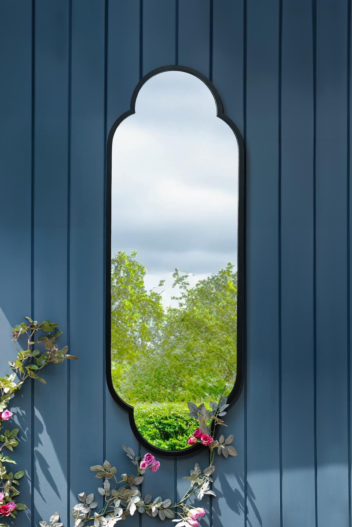 The Duplici - Elegant Black Metal Double Arched Oval Garden Wall Mirror 59" X 20" (150CM X 52CM)-1