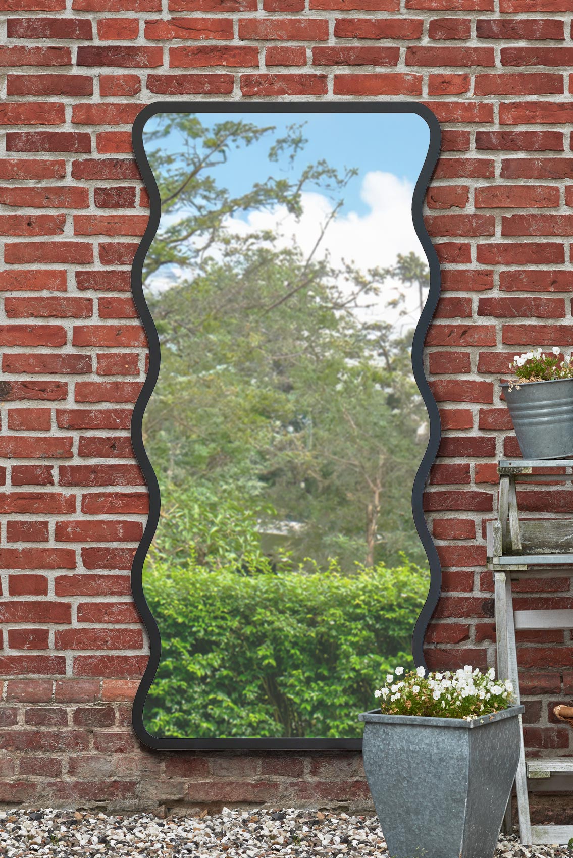 Wavy Edge Black Metal Garden Wall Mirror - 67" X 31" (170CM X 80CM) - Versatile Landscape or Portrait Display-1