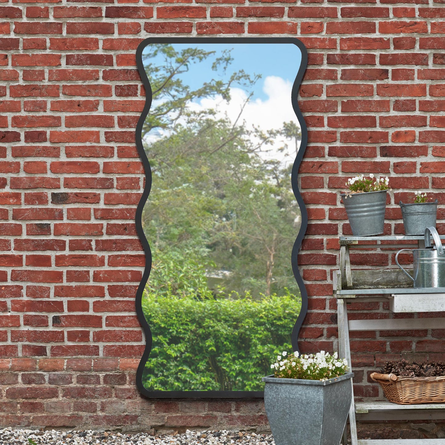 Wavy Edge Black Metal Garden Wall Mirror - 67" X 31" (170CM X 80CM) - Versatile Landscape or Portrait Display-7