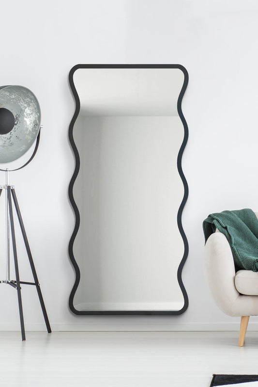 Wavy Elegance - Black Metal Rectangular Wall Mirror, 67" X 31" (170CM X 80CM), Versatile Landscape or Portrait Display-1