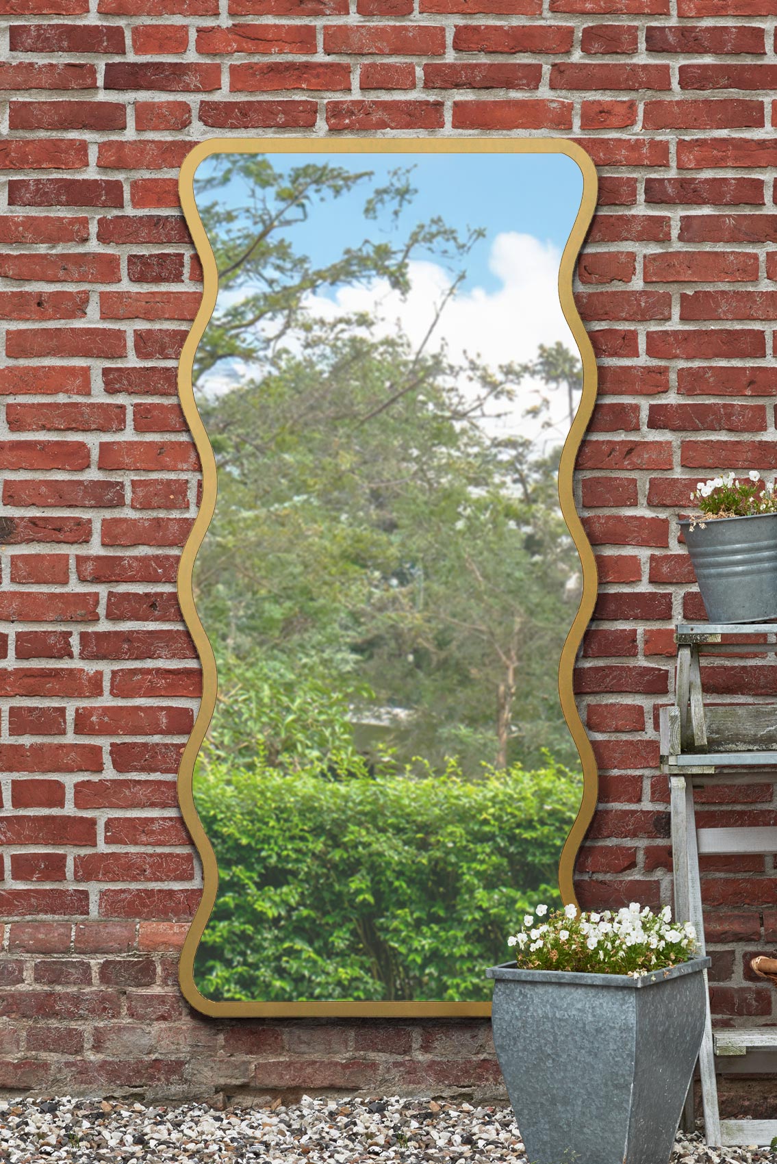 The Wavy Elegance - Gold Metal Rectangular Garden Wall Mirror, 67" X 31" (170CM X 80CM), Versatile Landscape or Portrait Display.-1