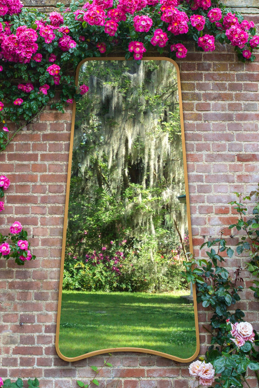 Arched Bottom Gold Metal Framed Garden Wall Mirror - Isosceles Trapezoid Design, 71" X 34" (180CM X 85CM)-1