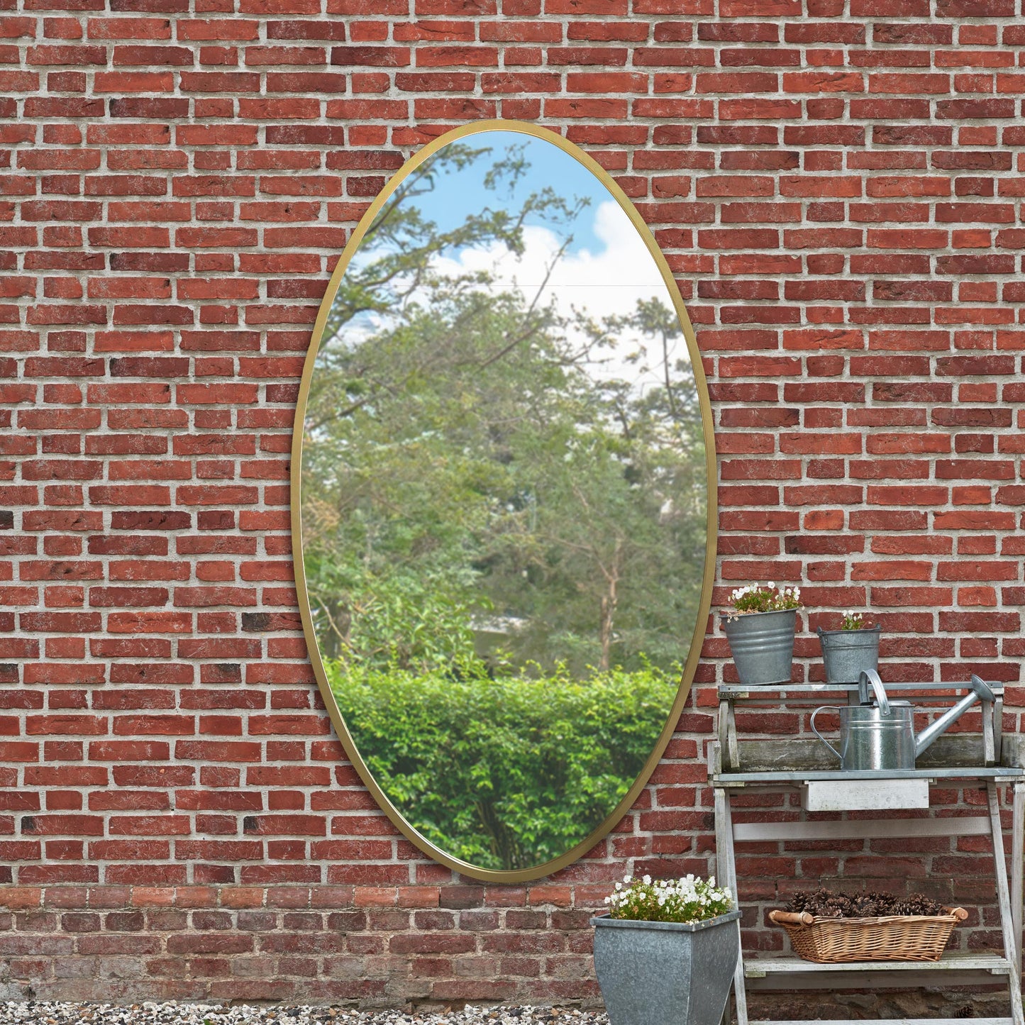 Elegant Oval Garden Wall Mirror with Gold Metal Frame - 71" x 39" (180 x 100CM)-8