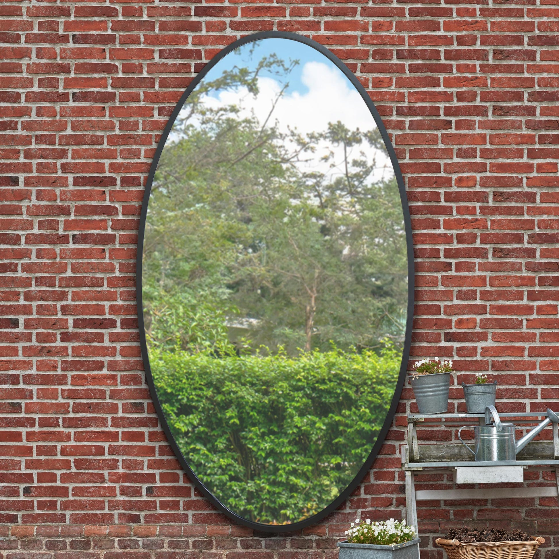 The Oval Reflection - Sleek Black Metal Framed Garden Wall Mirror 79" X 44" (200 x 112CM)-8