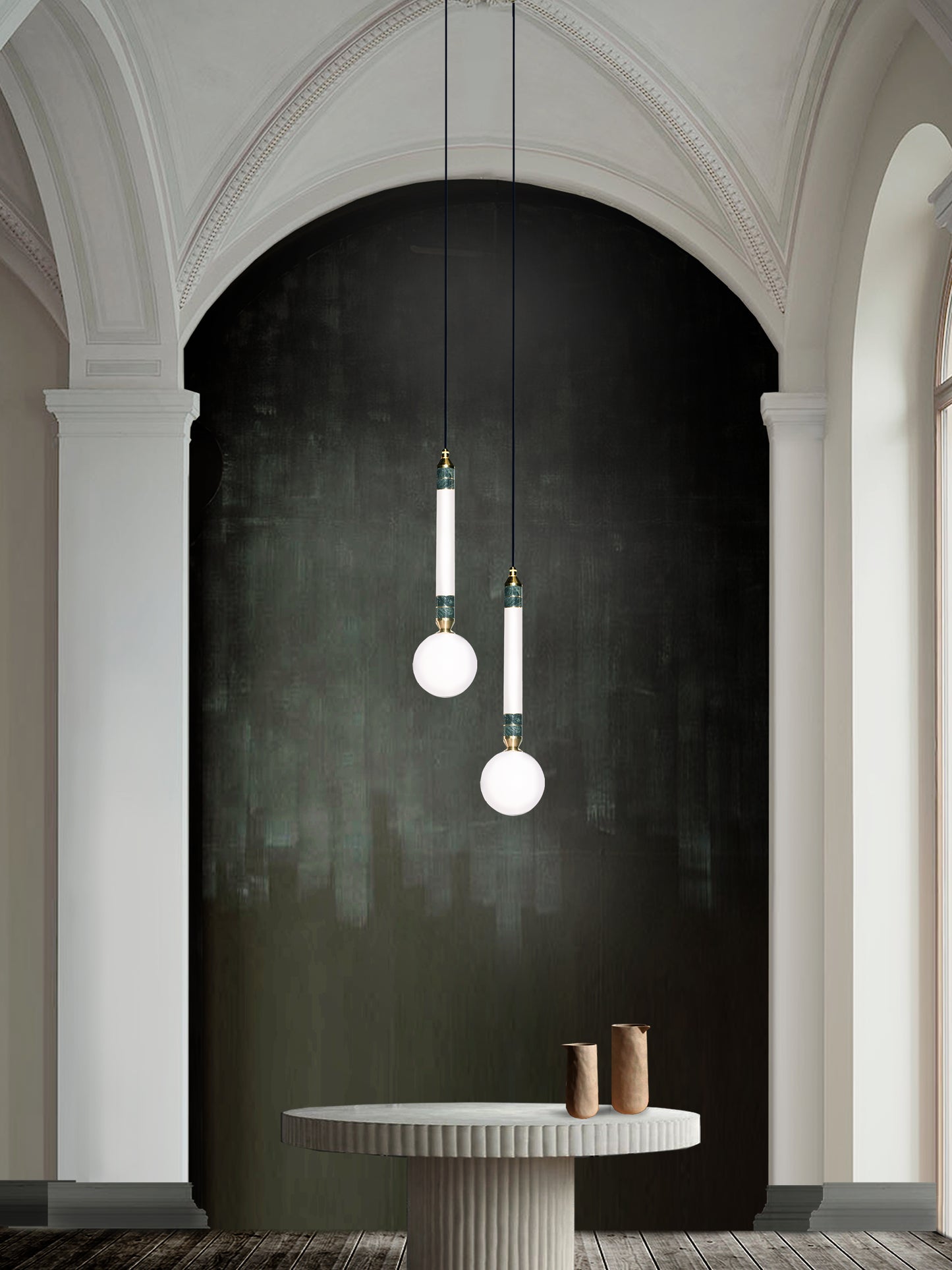Greenstone Small Pendant Light, hanging from ceiling above table in setting.