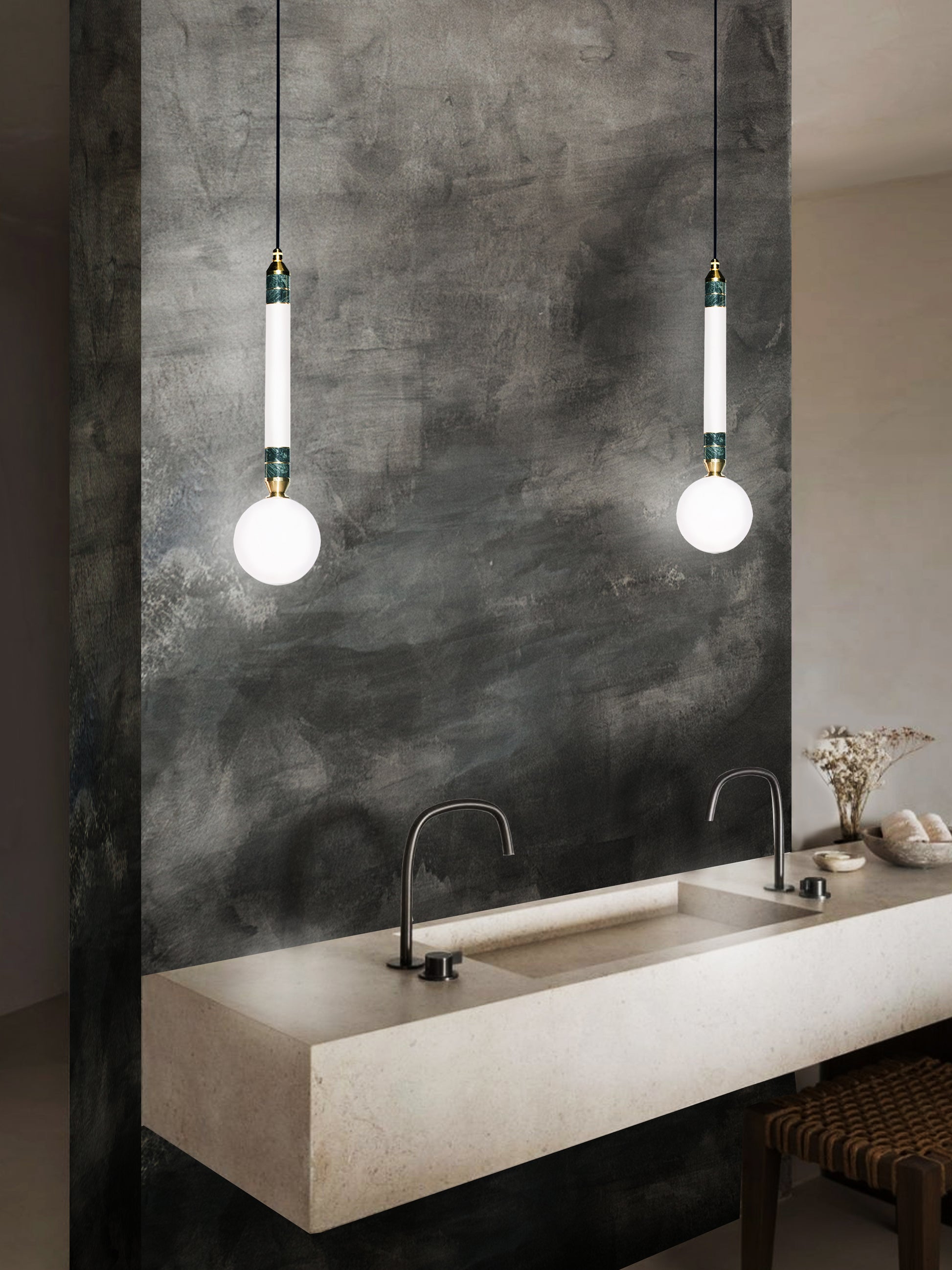 Greenstone Small Pendant Light, hanging from ceiling above sink in setting.