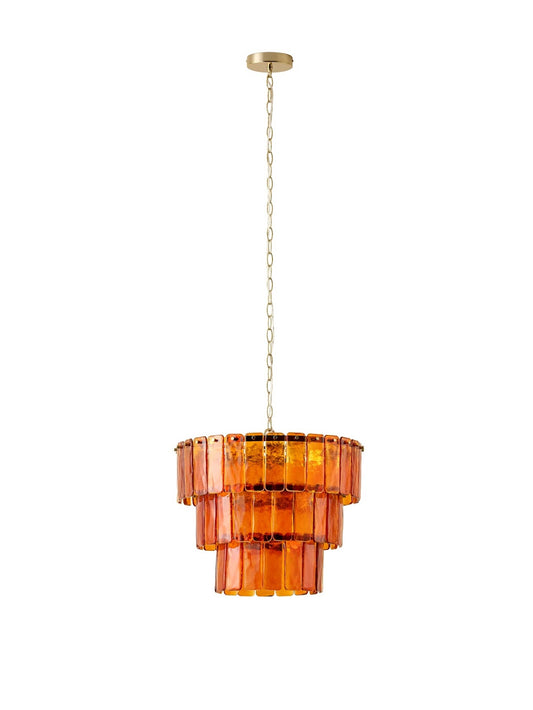 brass chained hanging Amber Glass chandelier ceiling light, front view.