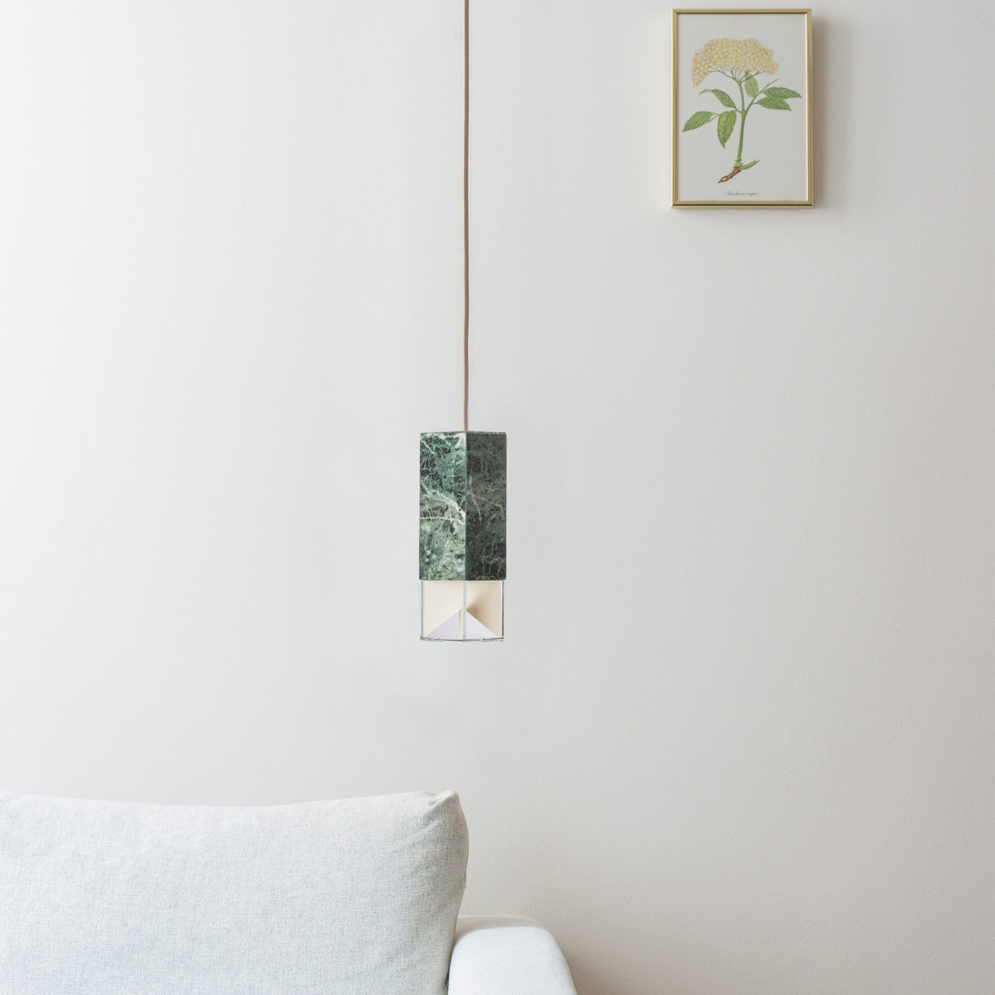 Lamp One Pendant Light / Green, hanging in living room.