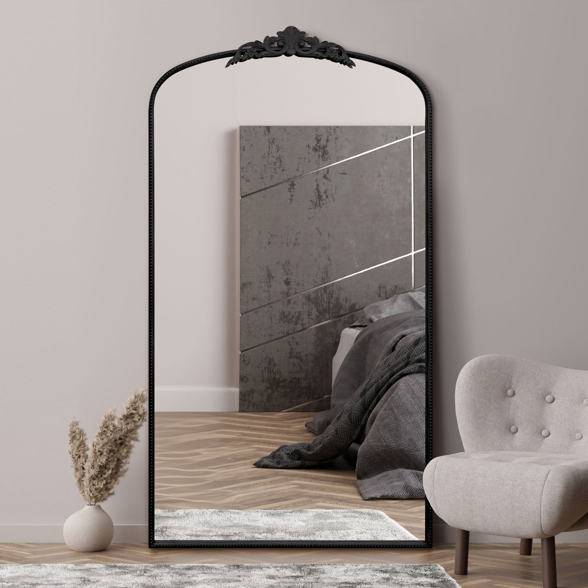 Regal Elegance - Arched Black Metal Wall Mirror with Crown Design 68" X 38" (174CM X 96CM)-5